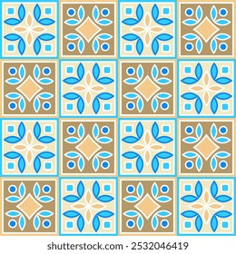 Padrão sem costura desenhado à mão de telha cerâmica quadrada. Projeto de padrão de patchwork ornamentado. Pavimentos e azulejos mediterrânicos típicos em diferentes padrões e design em azul, marrom amarelo e branco