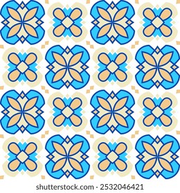Hand drawn seamless pattern of square ceramic tile. Ornate patchwork pattern design. Typical Mediterranean floor and wall tiles in different patterns and design in blue, brown yellow and white color