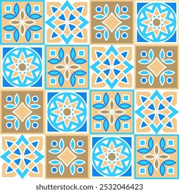 Hand drawn seamless pattern of square ceramic tile. Ornate patchwork pattern design. Typical Mediterranean floor and wall tiles in different patterns and design in blue, brown yellow and white color