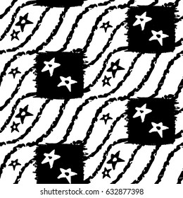 Hand drawn seamless pattern with square shapes and stars in black and white background.