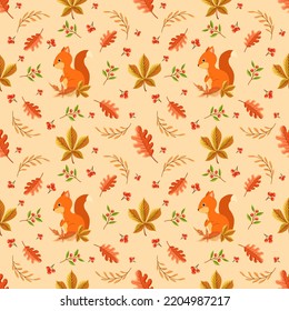 Hand drawn seamless pattern with squirrel, chestnut leaves and oak leaves. Autumn theme vector illustration on yellow background.Suitable for wrapping paper and digital paper design.