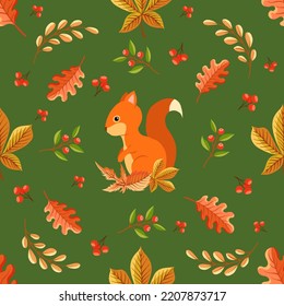 Hand drawn seamless pattern with squirrel, chestnut leaves and oak leaves. Autumn theme vector illustration on green background.Suitable for wrapping paper and digital paper design.
