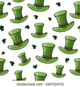 Hand drawn seamless pattern with St. Patrick's day elements.   Design for banner, card, invitation, postcard, textile, fabric, wrapping paper. Isolated on white background. 