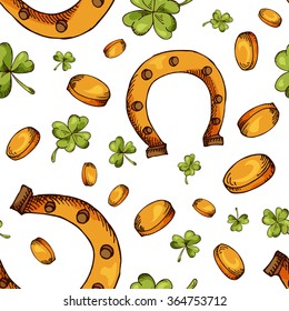 Hand drawn seamless pattern with St. Patrick's day elements. Vector sketch illustration