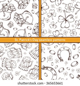 Hand drawn seamless pattern with St. Patrick's day elements. Vector sketch illustration