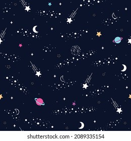 Hand Drawn Seamless Pattern Star Sky. Zodiac signs. Vector illustration, Galaxy Background