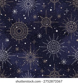 Hand drawn seamless pattern of star, cloud, brush. Mystical celestial bursting sun ray, magic galaxy talisman. Spiritual astrology space, astronomy symbol. Vector illustration for wallpaper, fabric