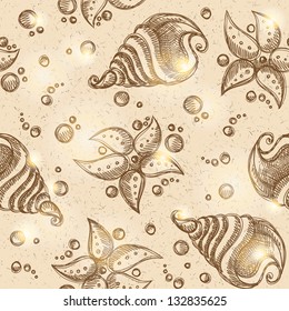 hand drawn seamless pattern of starfishes and shells on old cardboard