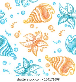 hand drawn seamless pattern of starfishes and shells
