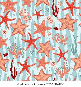 Hand drawn seamless pattern with starfishes