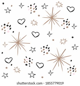 Hand drawn seamless pattern with stars and hearts in organic colors. Seamless texture for printing with a winter mood. Stars, hearts and dots on a white backgroud with scandinavian style