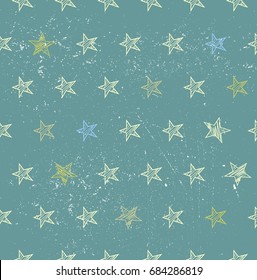 hand drawn seamless pattern with stars on blue grunge background