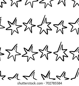 Hand drawn seamless pattern with stars isolated on white. Endless vector primitive background with black line stars. Vector illustration.