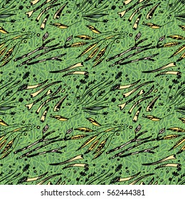 Hand drawn seamless pattern with sticks, feathers, bones and flowers on leaf background. Forest witchcraft occult theme vector.