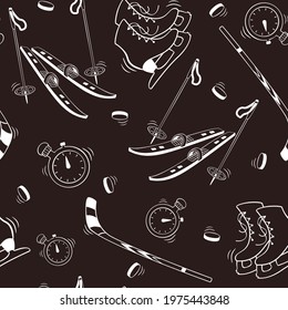 Hand drawn seamless pattern with stopwatch, snow ski and stick, skates in doodle sketch style. Vector illustration for wallpaper, background, textile design.