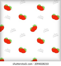 Hand drawn seamless pattern with strawberries and lettering Hello Summer. Vector illustration.