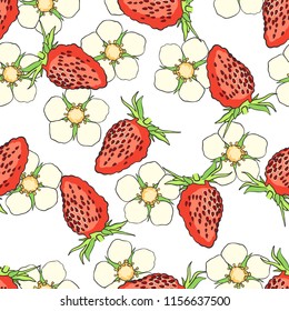 Hand drawn seamless pattern with strawberry isolated on white background. Design element for tea, natural cosmetics, juice, health care products, fabrics, textile. Vector illustration.