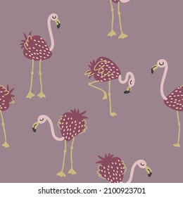 Hand drawn seamless pattern with strawberry flamingo. Perfect for T-shirt, textile and print. Hand drawn vector illustration for decor and design.



