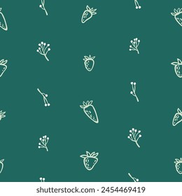 Hand drawn seamless pattern with strawberry on a green background. Cartoon fresh berry. Vector illustration. 