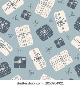 Patrón sin fisuras dibujado a mano con elegantes cajas de regalo y arcos sobre fondo azul. Ilustración vectorial moderna	