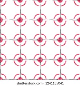 Hand drawn seamless pattern of stylized black cells and red circles on a white background. Vector illustration.
