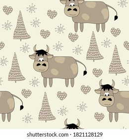 Patrón sin fisuras dibujado a mano con toros estilizados, abetos, corazones y copos de nieve. Ilustración vectorial minimalista de color beige y gris. Para embalaje, tela, tarjetas de Año Nuevo, papel pintado, scrapbooking.