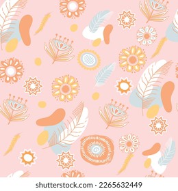 Hand drawn seamless pattern with stylized flowers and feathers.Scandinavian style print on fabric and paper.Blue,white and yellow elements on pastel pink background.Ethnic vector  endless wallpaper.