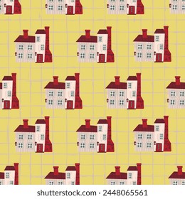 Dibujado a mano sin patrón con casas estilizadas. Fondo de cuadrícula rugosa sin fin. Edificio con chimenea, linternas, ventanas y puertas. Diseño de dibujos animados de Vector para imprimir en tela y papel, cubierta, Fondo de pantalla