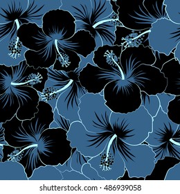 Hand drawn. Seamless pattern of stylized floral motif, flowers, hole, spots, doodles. Vector hibiscus flowers in black and blue colors.