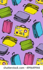 Hand drawn seamless pattern with suitcases icons. Colorful collection of bags. Sketch objects, assortment baggage. Doodle illustration, decorative background vector