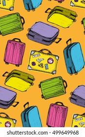 Hand drawn seamless pattern with suitcases icons. Colorful collection of bags. Sketch objects, assortment baggage. Doodle illustration, decorative background vector
