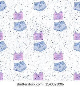 Hand Drawn Seamless Pattern with Summer Clothes and Brush Strokes Stylish Background