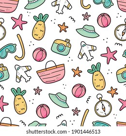 Hand drawn seamless pattern of summer vacation travel elements: luggage, map, suitcase, sea star. Doodle sketch style. Travel element drawn by digital pen. Illustration for wallpaper, background