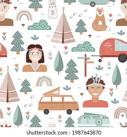 Hand drawn seamless pattern with summer camping equipment and kids dressed in tribal style. Trailers, trees, and animals in Scandinavian style. Cartoon background.