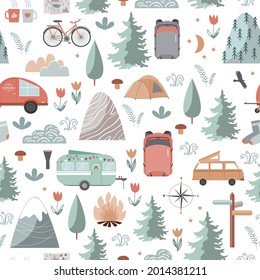 Hand drawn seamless pattern with summer camping equipment. Trailers, mountains, trees, and tourist objects in Scandinavian style. Cartoon vector background.