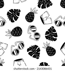 Hand Drawn Seamless Pattern with Summer Icons in Vector featuring Monstera, Pineapple, Sunglasses and Pants illustration