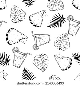 Hand Drawn Seamless Pattern with Summer Icons in Vector featuring Monstera, Palm Leaves, Orange Juice and Watermelon illustration