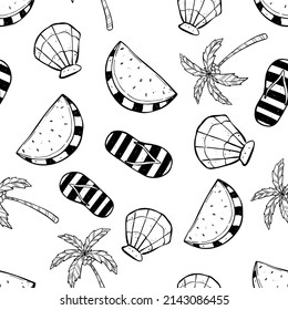 Hand Drawn Seamless Pattern with Summer Icons in Vector featuring Watermelon, Sandals, Shellfish and Coconut Tree illustration