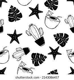 Handgezeichnetes Nahtloses Muster mit Sommersymbolen in Vektorgrafik mit Monstera, Coconut Drink, Kaktus und Starfish Illustration