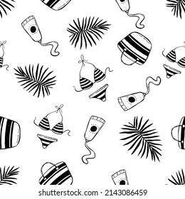 Hand Drawn Seamless Pattern with Summer Icons in Vector featuring Bikini, Sun Block and Beach Bag illustration