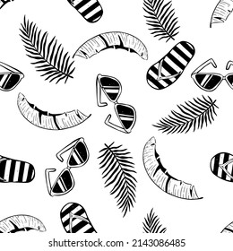 Hand Drawn Seamless Pattern with Summer Icons in Vector featuring Palm Leaves, Banana Leaves, Sandals and Sunglasses illustration