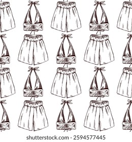 hand drawn seamless pattern with summer top and shorts in vintage style

