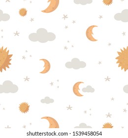 Hand drawn seamless pattern with sun, moon, stars and clouds. Sky pattern for textile, wrapping paper and others