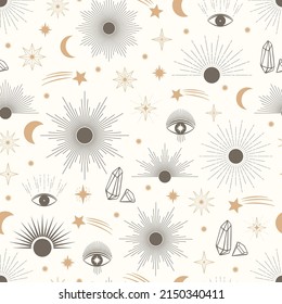 Hand drawn seamless pattern of Sun, Moon, star, sunburst, diamond, eye in line art. Celestial space vector. Magic space galaxy sketch illustration for greeting card, wallpaper, wrapping paper, fabric