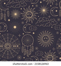 Hand drawn seamless pattern of Sun, Moon, sunburst, dreamcatcher, constellation, feather, star. Celestial space vector. Magic space galaxy sketch illustration for wallpaper, wrapping paper, fabric