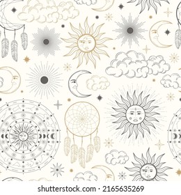 Hand drawn seamless pattern of Sun, Moon, sunburst, dreamcatcher, constellation, feather, star. Celestial space vector. Magic space galaxy sketch illustration for wallpaper, wrapping paper, fabric