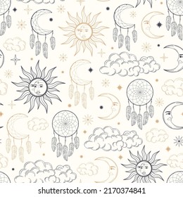 Hand drawn seamless pattern of Sun, Moon, dreamcatcher, feather, star, cloud. Celestial space vector. Magic space galaxy sketch illustration for wallpaper, wrapping paper, fabric