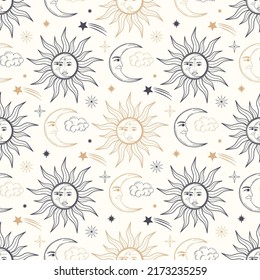 Hand drawn seamless pattern of Sun with woman face, Moon with man face, star and cloud. Celestial space vector. Magic space galaxy sketch illustration for wallpaper, wrapping paper, fabric, packaging