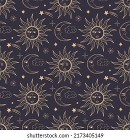 Hand drawn seamless pattern of Sun with woman face, Moon with man face, star and cloud. Celestial space vector. Magic space galaxy sketch illustration for wallpaper, wrapping paper, fabric, packaging