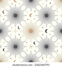 Hand drawn seamless pattern of Sun, Moon, sunburst, stars. Mystical celestial bursting sun rays vector. Magic space galaxy sketch illustration for greeting card, wallpaper, wrapping paper, fabric